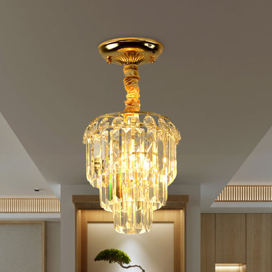 Modern Crystal Foyer Flush Mount Light - Elegant 3-Layer Tapered Design with Gold Accents