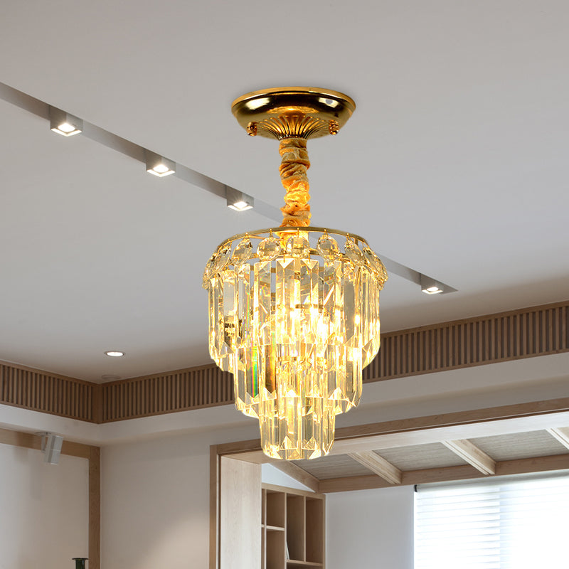 Modern Crystal Foyer Flush Mount Light - Elegant 3-Layer Tapered Design with Gold Accents