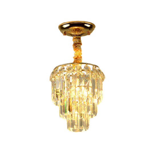 Modern Crystal Foyer Flush Mount Light - Elegant 3-Layer Tapered Design with Gold Accents