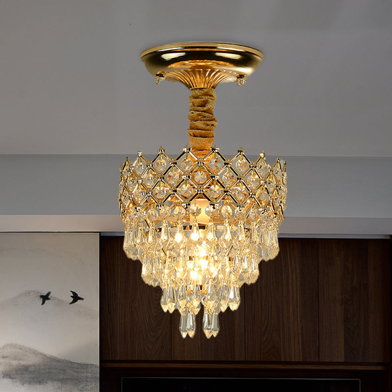 Semi Flush Mount Crystal Droplet Ceiling Lamp with Gold Crown Top - Traditional 1-Light for Sitting Room