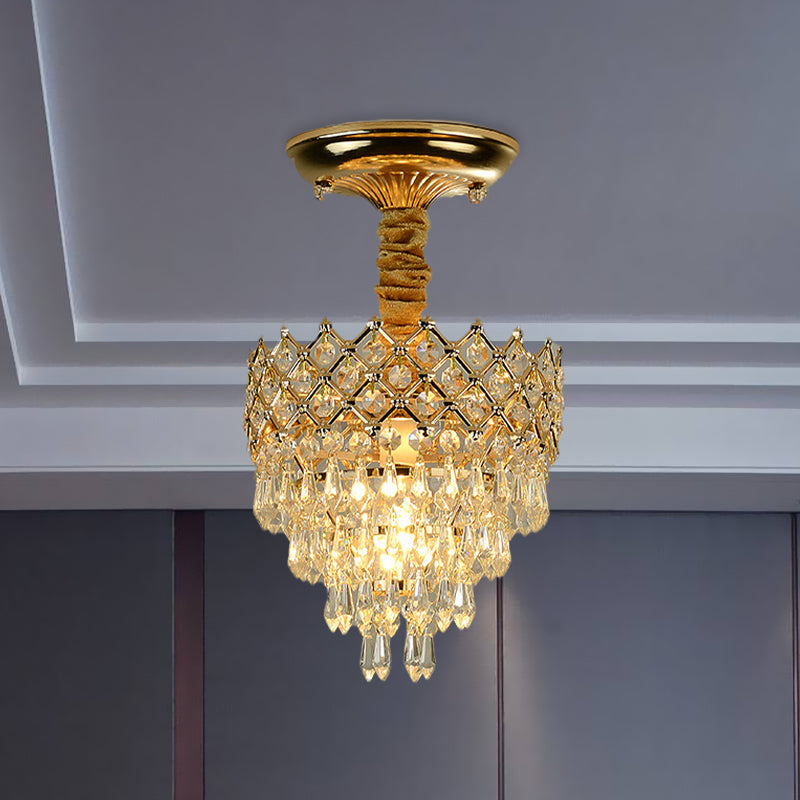 Semi Flush Mount Crystal Droplet Ceiling Lamp with Gold Crown Top - Traditional 1-Light for Sitting Room