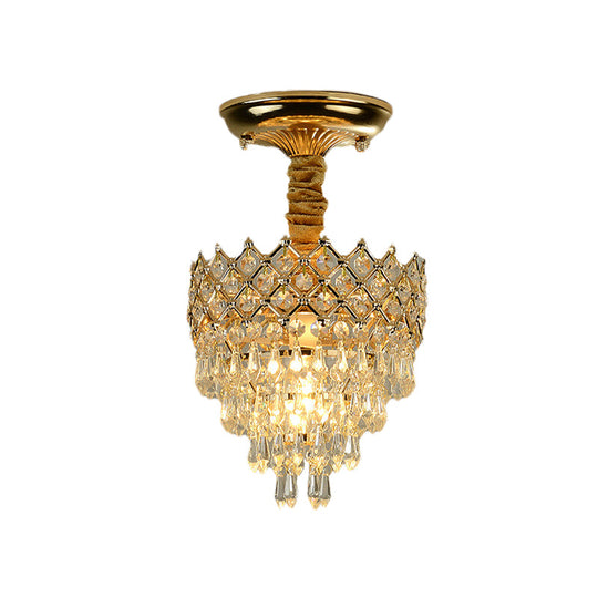 Semi Flush Mount Crystal Droplet Ceiling Lamp with Gold Crown Top - Traditional 1-Light for Sitting Room