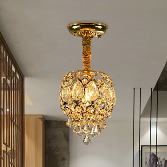 Oval Crystal Flush Ceiling Light Fixture with 1 Bulb in Gold