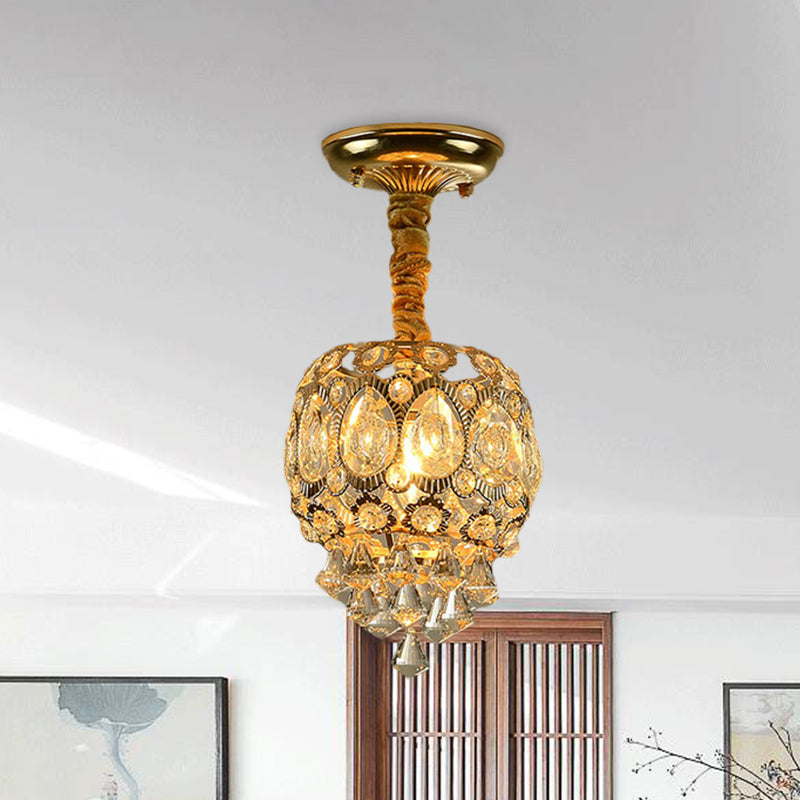 Oval Crystal Flush Ceiling Light Fixture with 1 Bulb in Gold