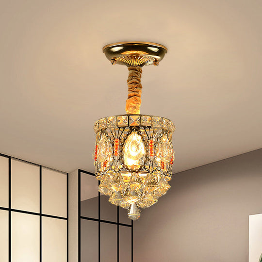 Antique Style Crystal Ceiling Light In Gold With Diamond Drops - Hallway Semi Flush Mount