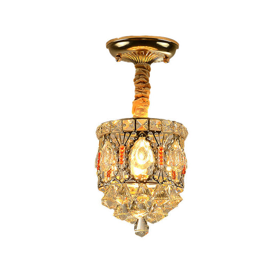 Antique Style Crystal Ceiling Light in Gold with Diamond Drops - Hallway Semi Flush Mount