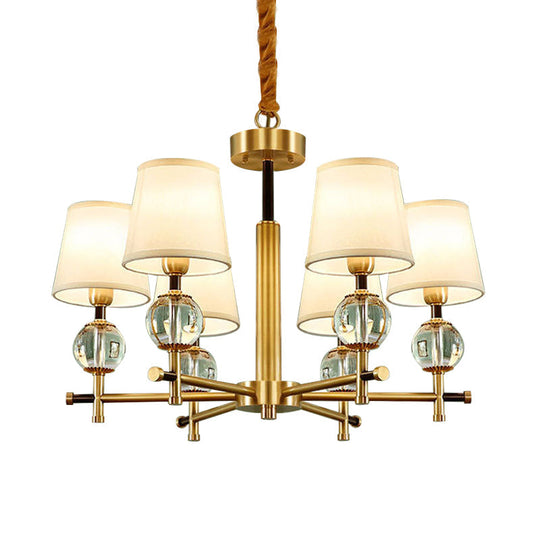 Contemporary 6-Head Conic Chandelier in Brass with Crystal Accents - Bedroom Pendant Lamp