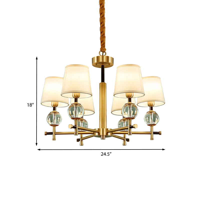 Contemporary 6-Head Conic Fabric Chandelier With Crystal Accent - Brass Ceiling Pendant