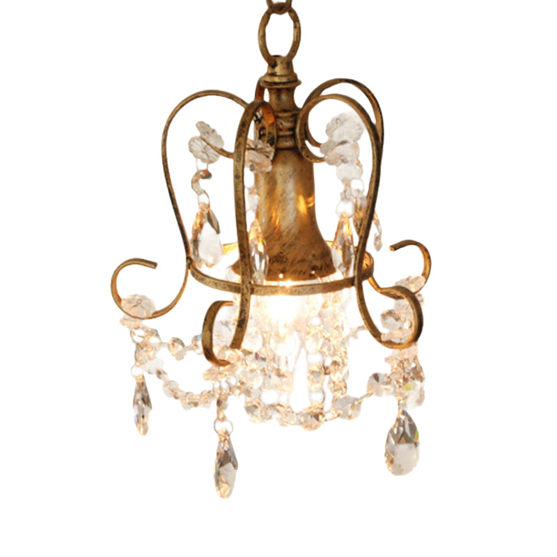 Antique Brass Scrolled Frame Suspension Light With Crystal Droplet - 1 Head Metallic Hanging Lamp