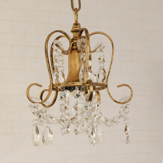 Antique Brass Scrolled Frame Suspension Light With Crystal Droplet - 1 Head Metallic Hanging Lamp