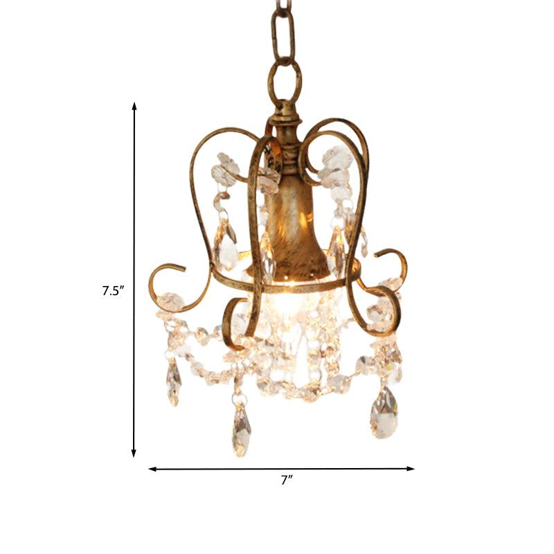 Antique Brass Scrolled Frame Suspension Light With Crystal Droplet - 1 Head Metallic Hanging Lamp