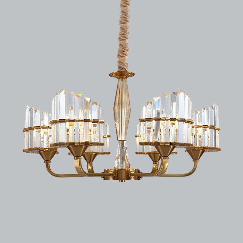 Modern Curved Chandelier With Faceted Crystal: Gold Finish 3/6-Light Pendant For Living Room