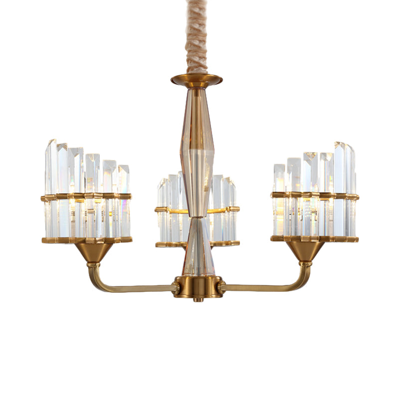 Modern Curved Chandelier With Faceted Crystal: Gold Finish 3/6-Light Pendant For Living Room