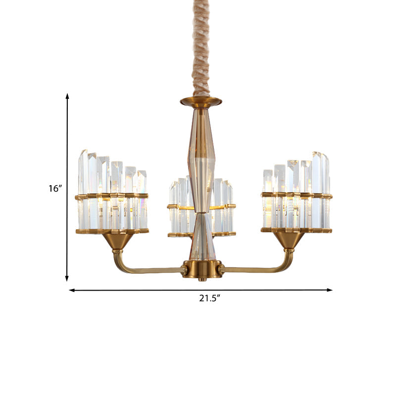 Modern Curved Chandelier With Faceted Crystal: Gold Finish 3/6-Light Pendant For Living Room