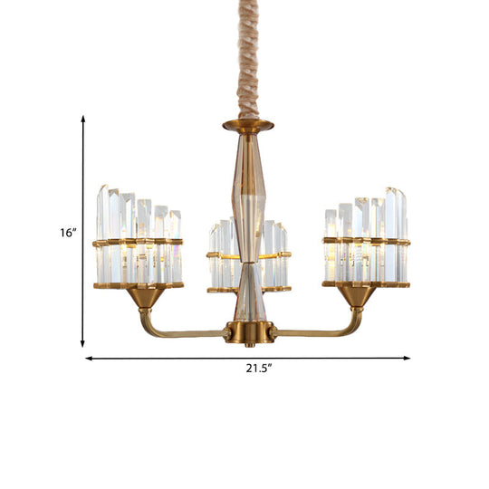 Modern Curved Chandelier With Faceted Crystal: Gold Finish 3/6-Light Pendant For Living Room