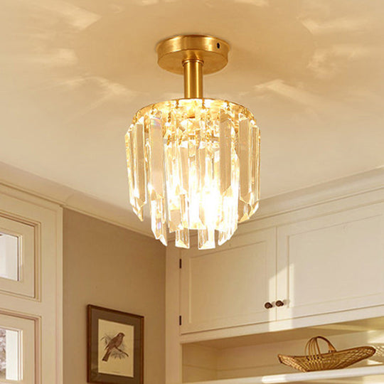 Brass Crystal Semi Flush Mount Ceiling Light For Porch - Simple Drum Design Clear 1-Light