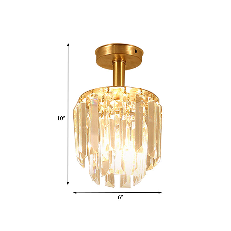 Brass Crystal Semi Flush Mount Ceiling Light for Porch - Simple Drum Design, Clear Crystal, 1-Light