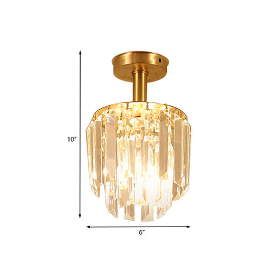 Brass Crystal Semi Flush Mount Ceiling Light for Porch - Simple Drum Design, Clear Crystal, 1-Light