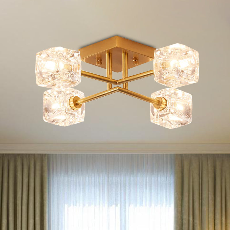 Brass Semi Flush Crystal Bedroom Ceiling Light - Contemporary Square Design, 4/6 Light Fixture