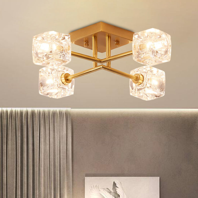 Brass Semi Flush Crystal Bedroom Ceiling Light - Contemporary Square Design, 4/6 Light Fixture