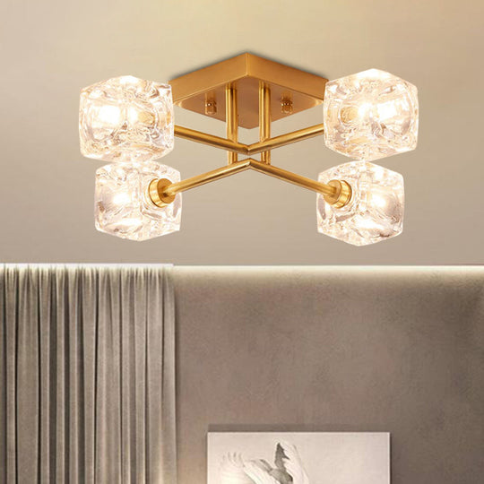 Brass Semi Flush Crystal Bedroom Ceiling Light - Contemporary Square Design, 4/6 Light Fixture