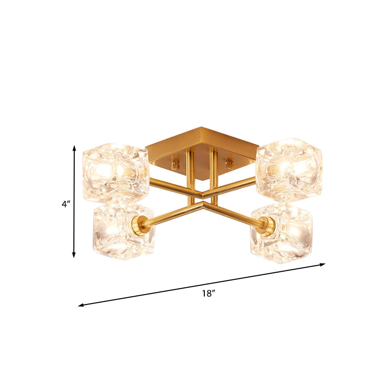 Brass Semi Flush Crystal Bedroom Ceiling Light - Contemporary Square Design, 4/6 Light Fixture