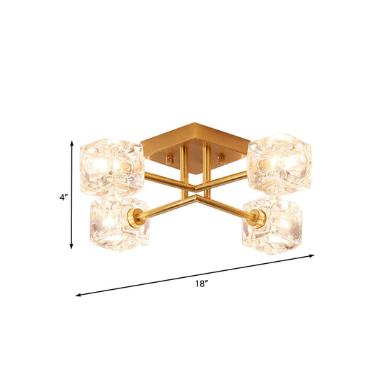 Brass Semi Flush Crystal Bedroom Ceiling Light - Contemporary Square Design, 4/6 Light Fixture