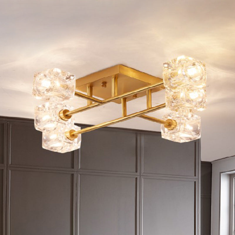 Brass Semi Flush Crystal Bedroom Ceiling Light - Contemporary Square Design, 4/6 Light Fixture