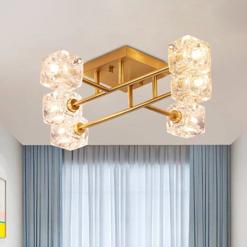 Brass Semi Flush Crystal Bedroom Ceiling Light - Contemporary Square Design, 4/6 Light Fixture