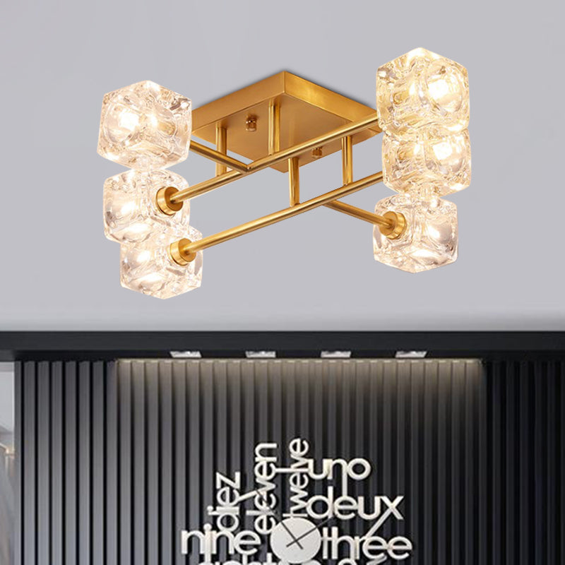 Brass Semi Flush Crystal Bedroom Ceiling Light - Contemporary Square Design, 4/6 Light Fixture