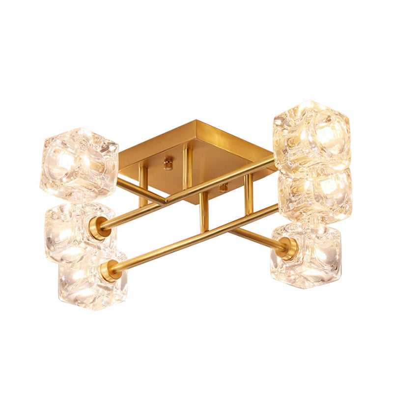 Brass Semi Flush Crystal Bedroom Ceiling Light - Contemporary Square Design, 4/6 Light Fixture