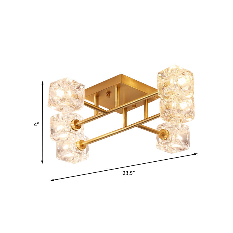 Brass Semi Flush Crystal Bedroom Ceiling Light - Contemporary Square Design, 4/6 Light Fixture