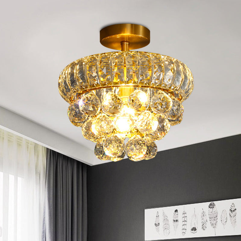 Clear Crystal Droplet Semi Mount Ceiling Light Fixture - Modern Brass Design