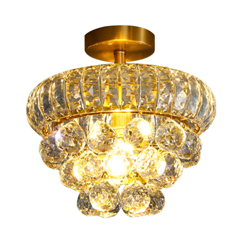 Clear Crystal Droplet Semi Mount Ceiling Light Fixture - Modern Brass Design