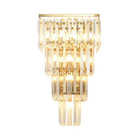 Minimalist Crystal Block Tiered Wall Light - 7 Gold Finish Sconce