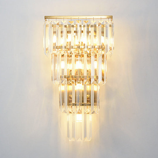 Minimalist Crystal Block Tiered Wall Light - 7 Gold Finish Sconce