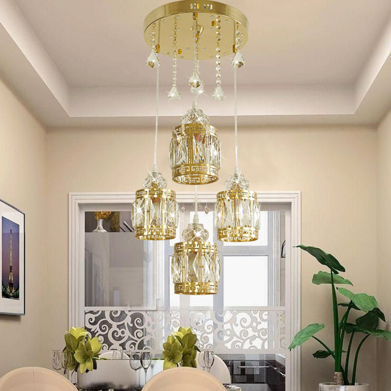 Gold Cylinder Pendant Lighting Fixture With Crystal Shade - Minimalist Design 4 Bulbs Multi Ceiling