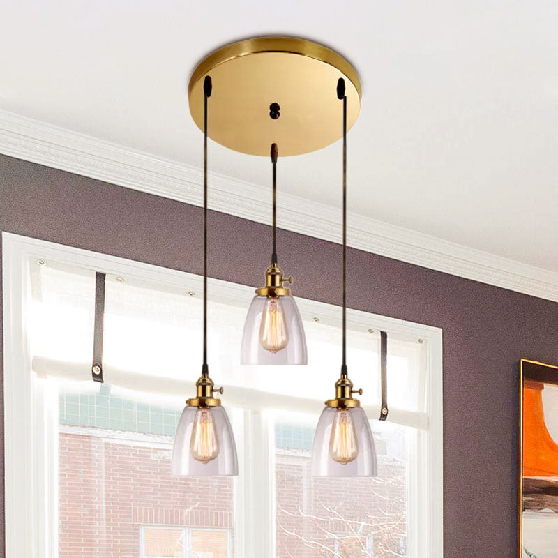 Industrial Aged Brass Dining Room Pendant Light Fixture with Tapered Clear Glass Shades - 3-Light