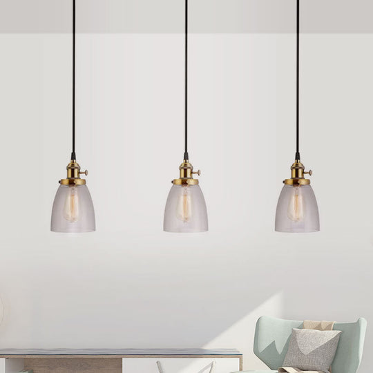 Industrial Clear Glass Dining Room Pendant Light Fixture - Aged Brass 3-Light