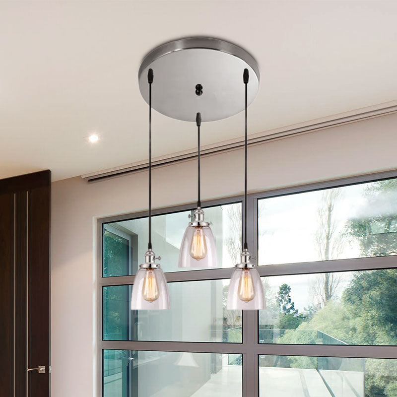 Conical Clear Glass Pendant Light Set - 3 Lights, Industrial Style, Chrome Finish