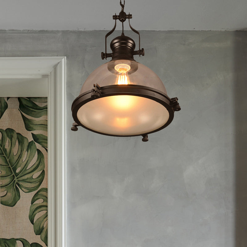 Industrial Black Pendant Light With Clear Glass Dome Shade And Trim Ring