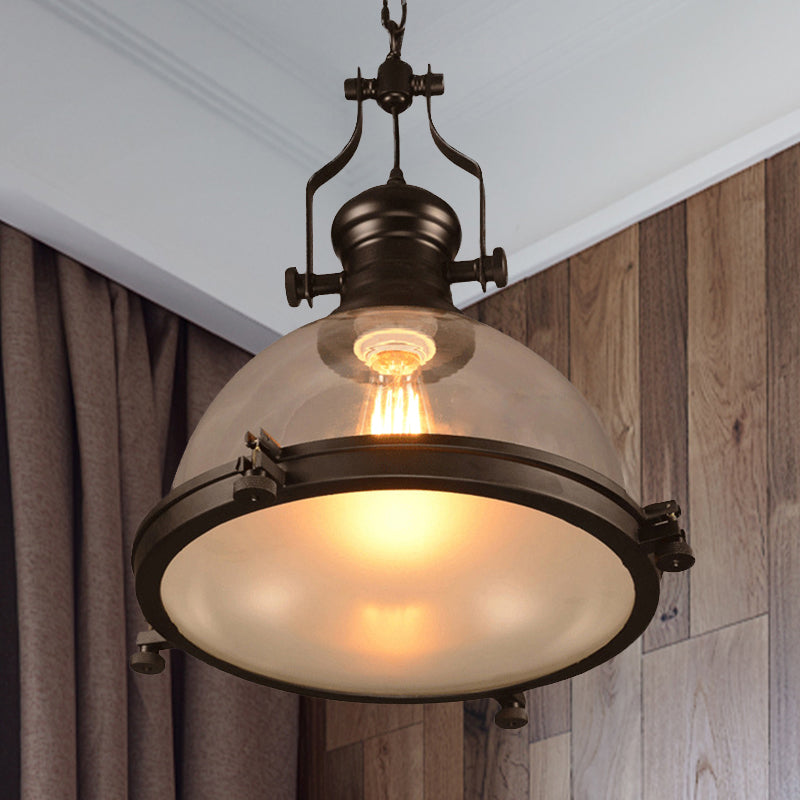 Industrial 1-Light Dome Pendant Ceiling Light Fixture with Clear Glass and Trim Ring - Black