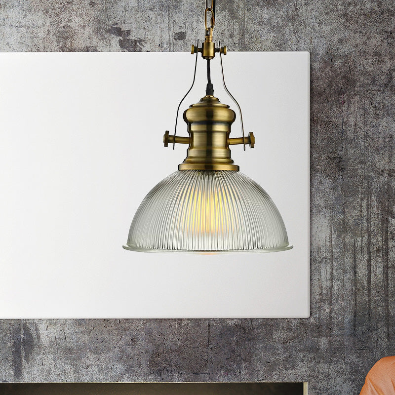 Industrial Dome Pendant Light - 12"/15" Wide - Ribbed Glass - Brass - Dining Room