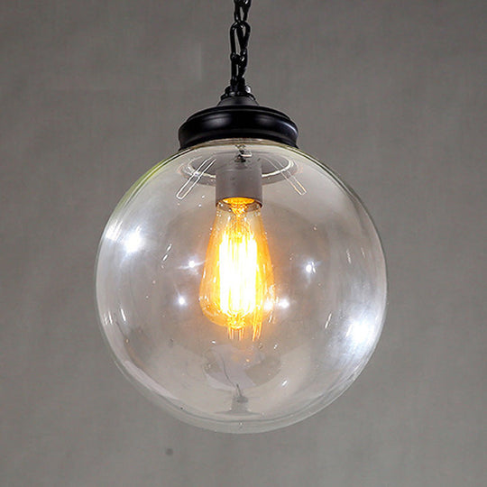 Farmhouse Clear Glass Single-Bulb Pendant Ceiling Light - Black Globe Design, 8"/10"/12" Wide - Ideal for Dining Room with Chain