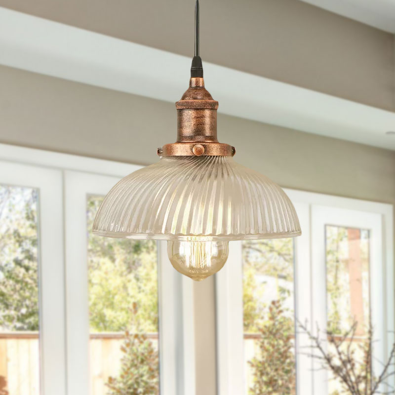 Dome Pendant Ceiling Light: Industrial Ribbed Glass - Black/Bronze/Rust Finish 1 Light Dining Room