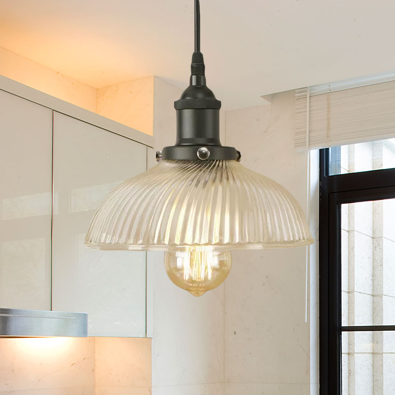 Dome Pendant Ceiling Light: Industrial Ribbed Glass - Black/Bronze/Rust Finish 1 Light Dining Room