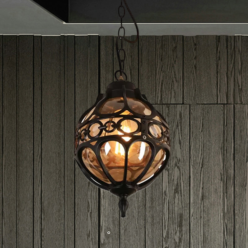 Amber Glass Hanging Pendant Light for Outdoor Balcony - Loft Sphere Design (1 Light, 7"/9" W) in Black/Bronze