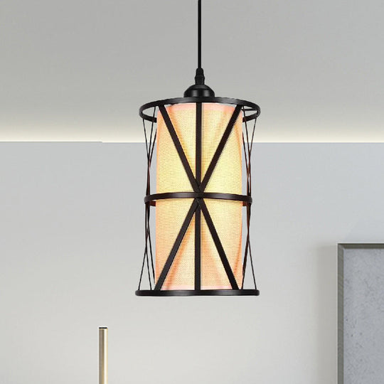 Antique Black Cylinder Pendant Light With Clear Glass And Fabric Shade - Perfect For Living Room