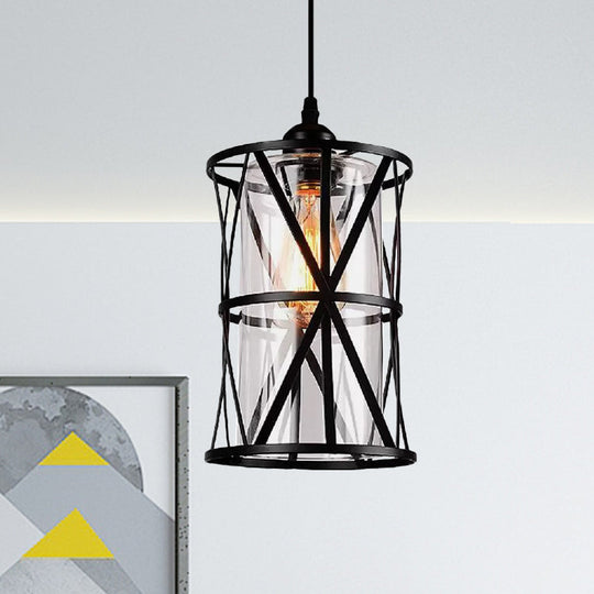 Antique Black Cylinder Pendant Light With Clear Glass And Fabric Shade - Perfect For Living Room