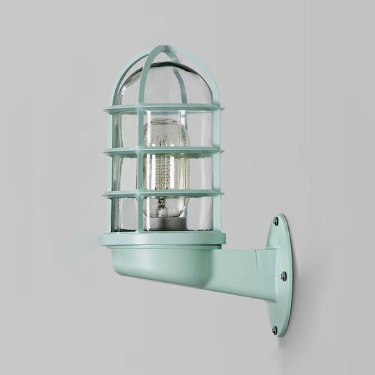 Industrial Glass Wall Lamp With Cage Single Bulb In Pink/Blue/Green For Living Room Sconce